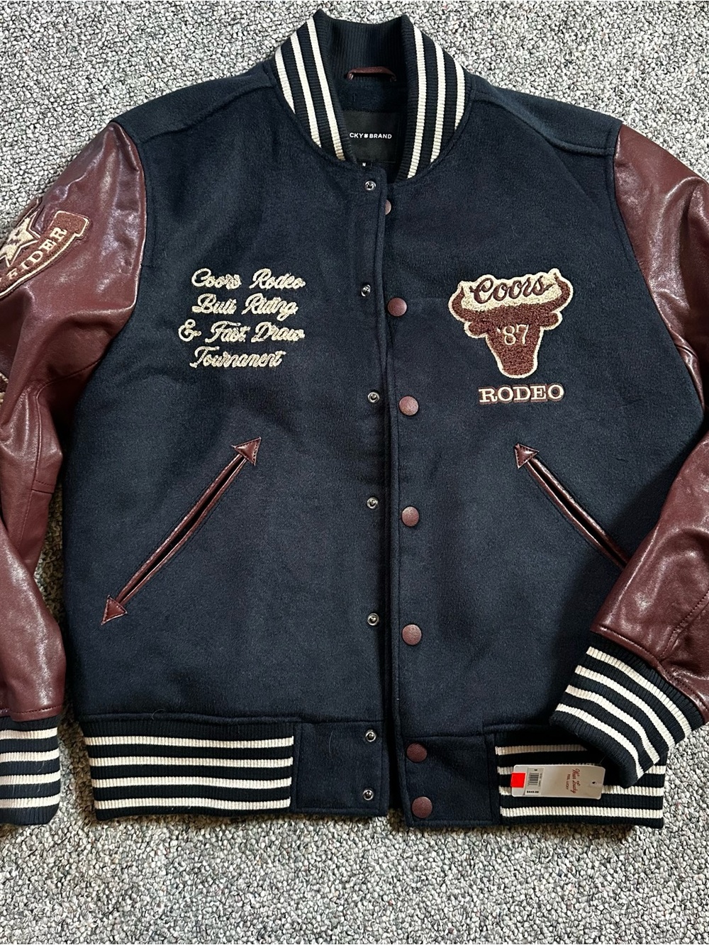 Lucky Brand Black Wool Varsity Jacket with Burgundy Leather Sleeves
